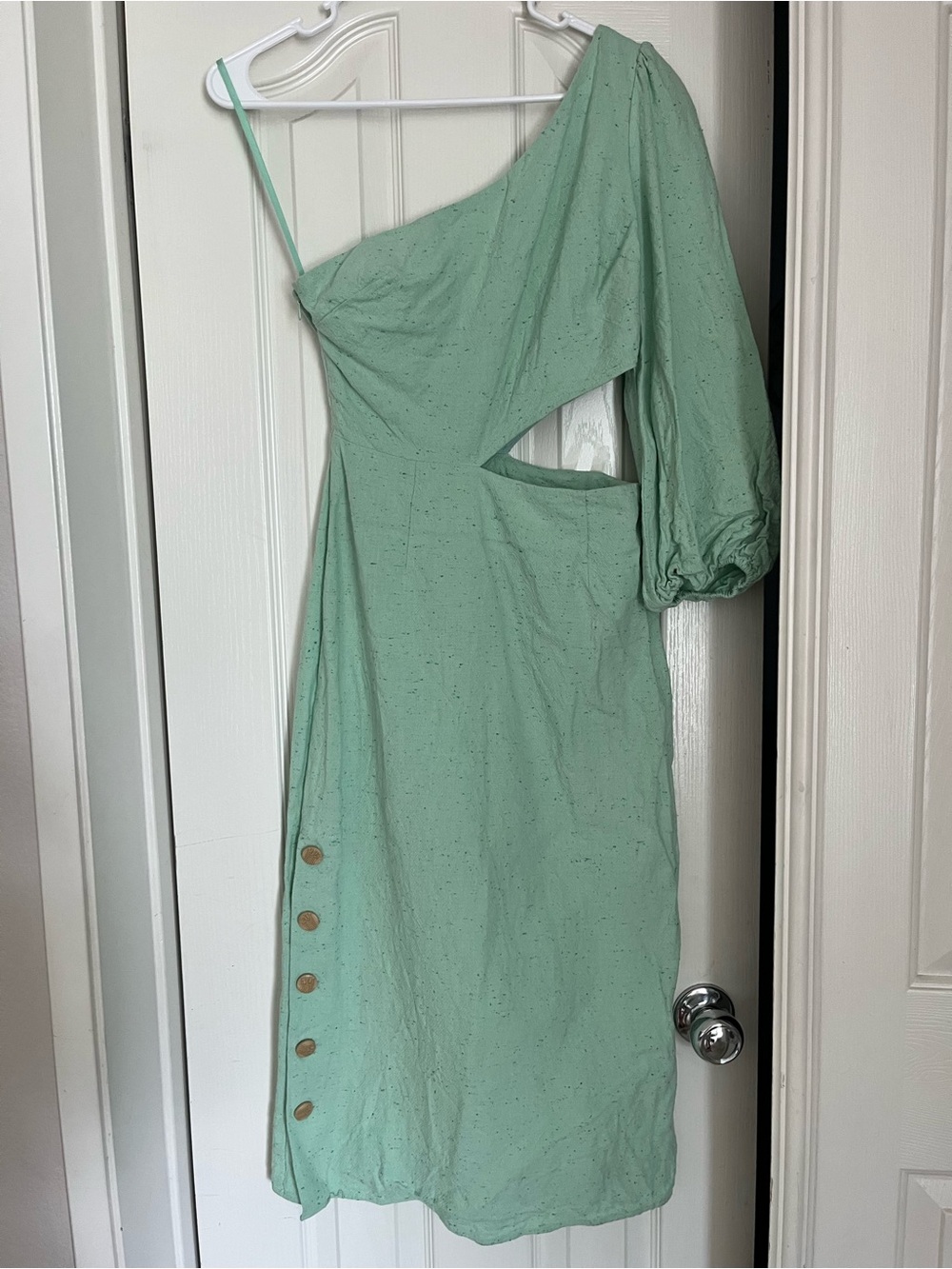 One-Shoulder Mint Green Midi Dress with Cutout